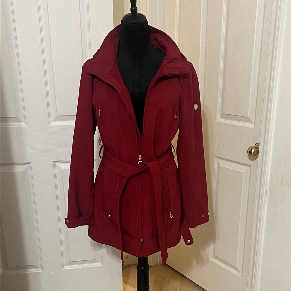 Calvin Klein Women's Hooded Burgundy Belted Trench Coat